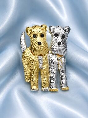 Cute Terrier Dog Gold & Silver Crystal Puppy Statement Brooch
